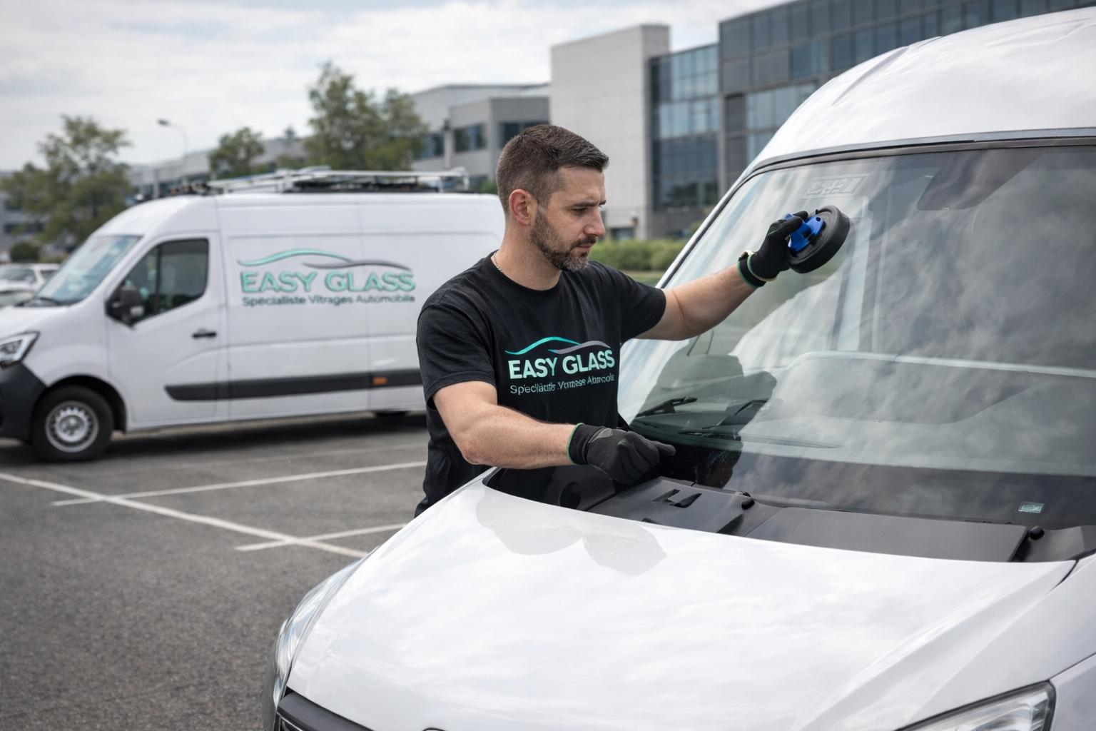 Technicien Easy Glass remplaçant un pare-brise à domicile à Bordeaux, devant le camion floqué